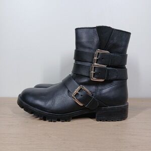 Steve Madden Ming Boots Women 8 Black Leather Buckle Strap Moto Ankle